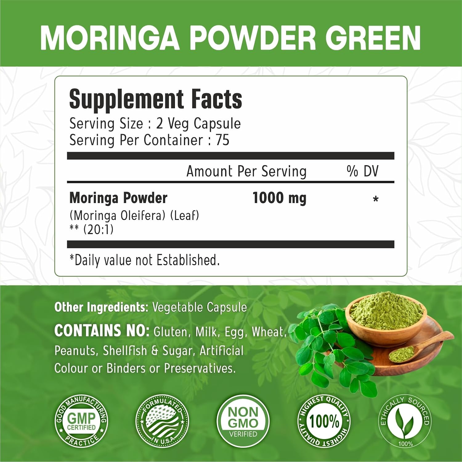 1000mg Immortal Herbs Moringa Capsules - 150 Pills, 20:1 Strength Pure Leaf Powder for Digestive & Immune Support - Non-GMO & Gluten Free Supplement