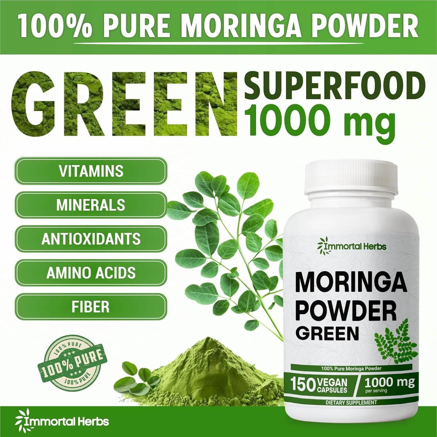 1000mg Immortal Herbs Moringa Capsules - 150 Pills, 20:1 Strength Pure Leaf Powder for Digestive & Immune Support - Non-GMO & Gluten Free Supplement