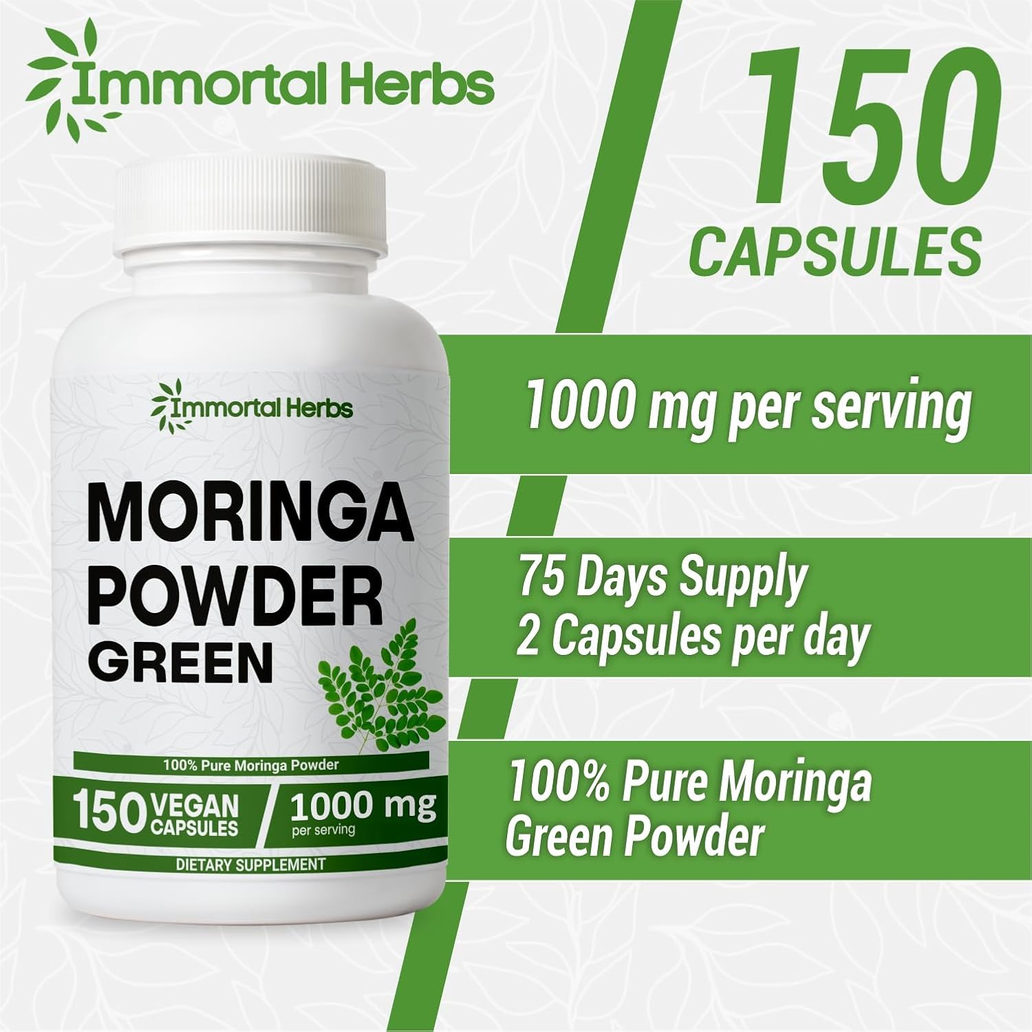 1000mg Immortal Herbs Moringa Capsules - 150 Pills, 20:1 Strength Pure Leaf Powder for Digestive & Immune Support - Non-GMO & Gluten Free Supplement