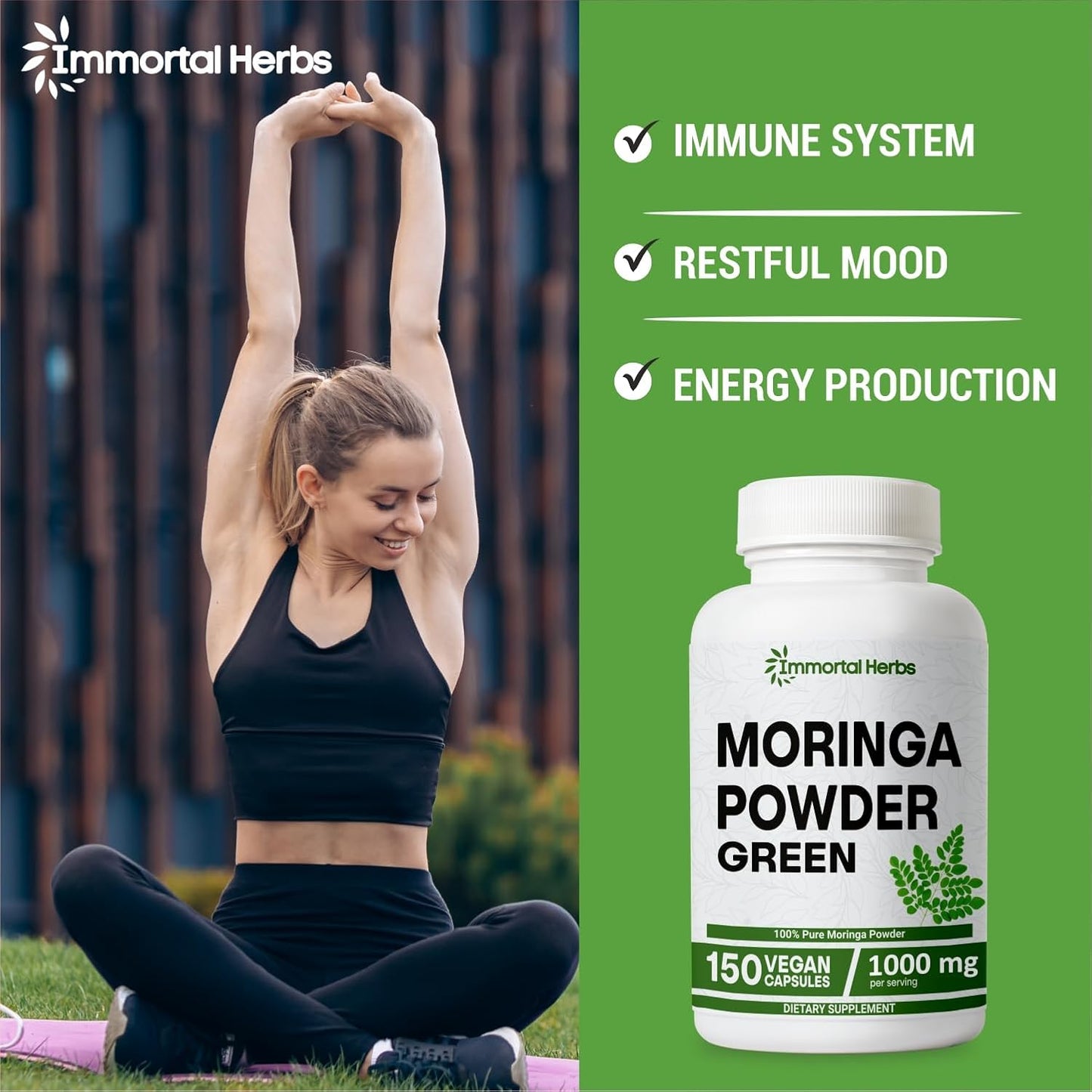 1000mg Immortal Herbs Moringa Capsules - 150 Pills, 20:1 Strength Pure Leaf Powder for Digestive & Immune Support - Non-GMO & Gluten Free Supplement