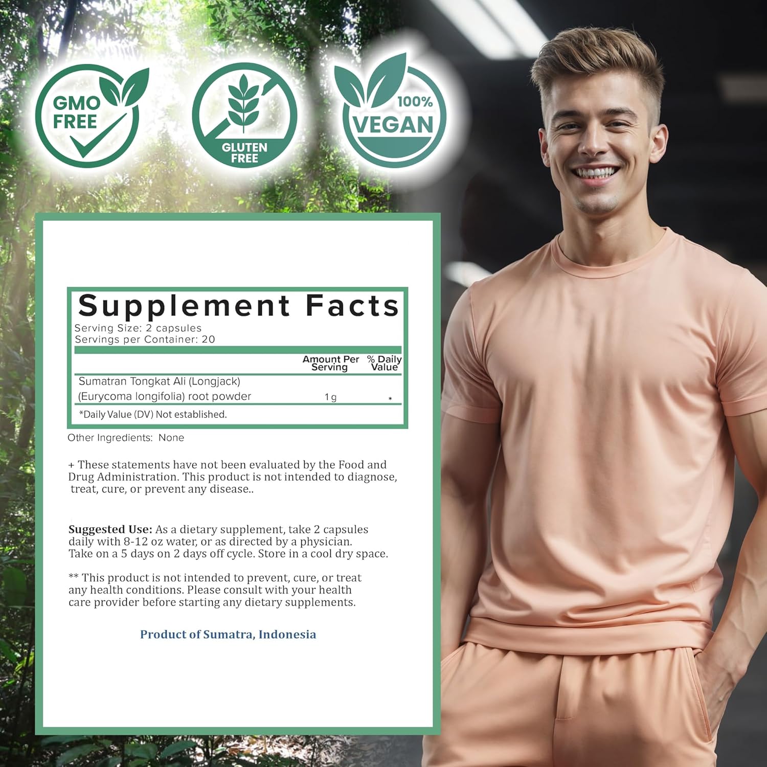1000mg Indonesian Tongkat Ali Capsules | Wild Harvested Eurycoma Longifolia Roots | 100% Pure - No Fillers | Men and Women | 30 Day Supply