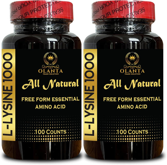 1000mg L-Lysine Free Form Amino Acid Supplement - Healthy Tissue Support, Protein Synthesis - 2 Bottles 200 Counts