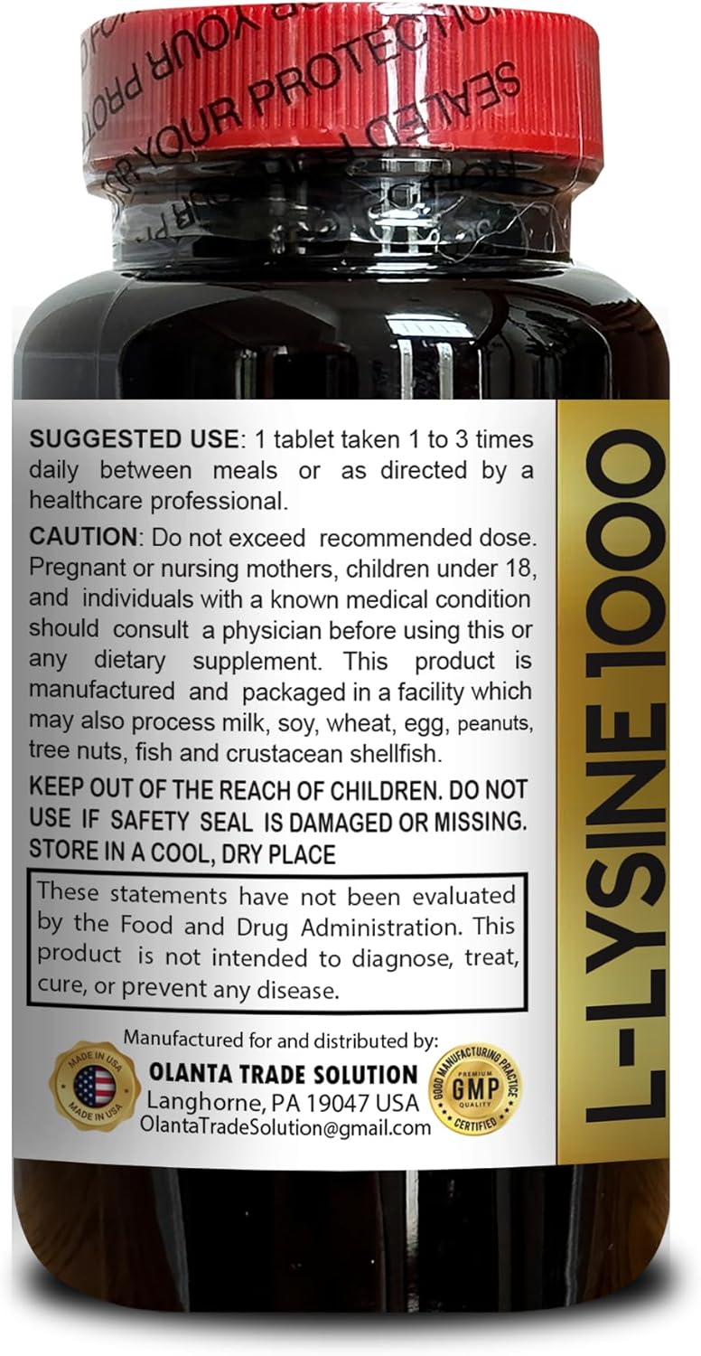 1000mg L-Lysine Free Form Amino Acid Supplement - Healthy Tissue Support, Protein Synthesis - 2 Bottles 200 Counts