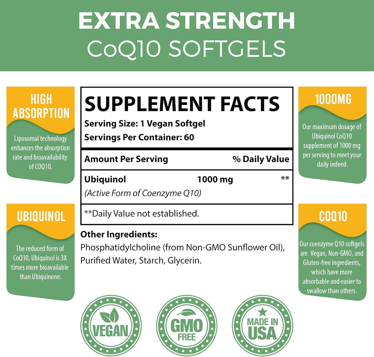 1000mg Liposomal CoQ10 Softgels for Heart Function & Energy Production - Vegan Ubiquinol Supplement with Better Absorption - Non-GMO - 120 Softgels