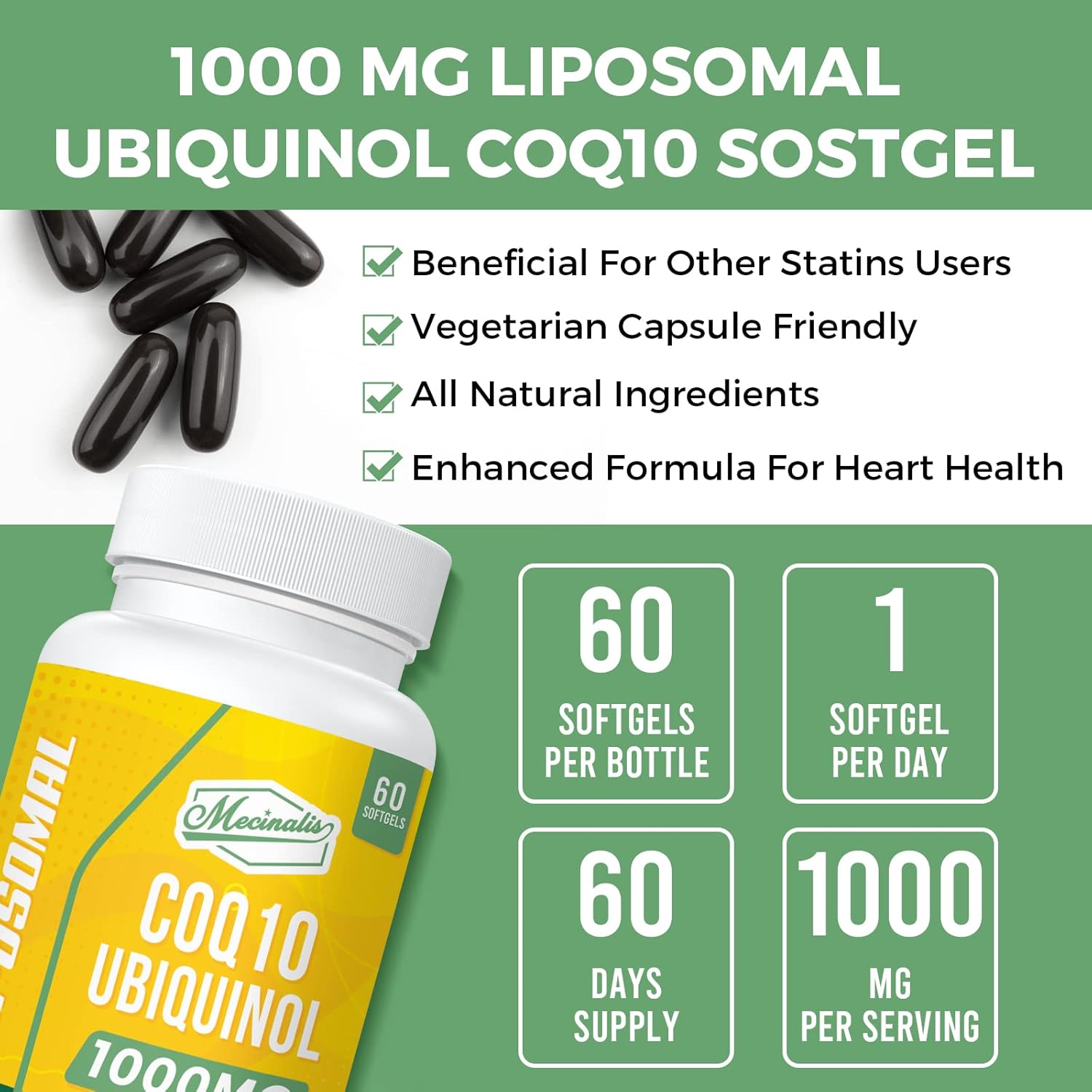 1000mg Liposomal CoQ10 Softgels for Heart Function & Energy Production - Vegan Ubiquinol Supplement with Better Absorption - Non-GMO - 120 Softgels