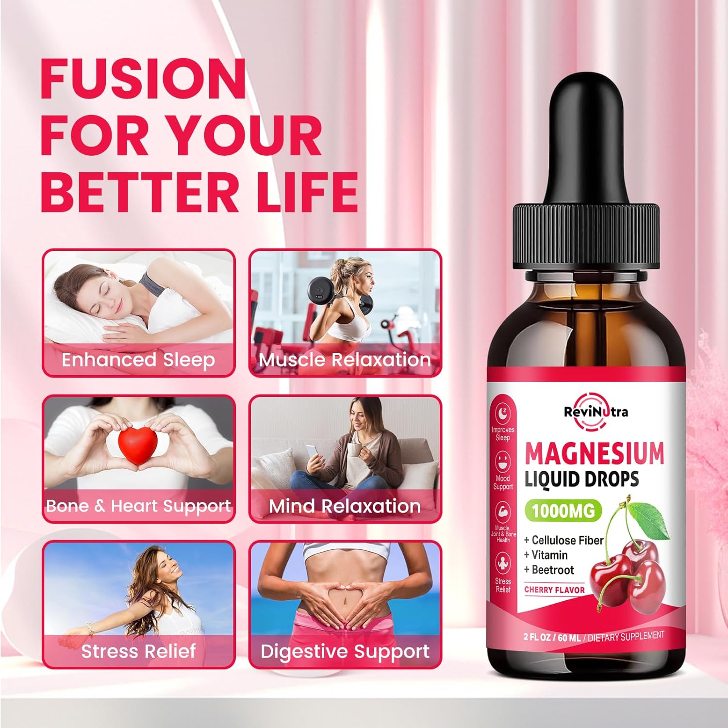 1000mg Magnesium Glycinate Liquid Drops with Fiber, Beetroot, Vitamin B & C - Sleep, Calm, Muscle, Energy, Relaxation - 2 Fl Oz Sugar-Free Cherry Flavor