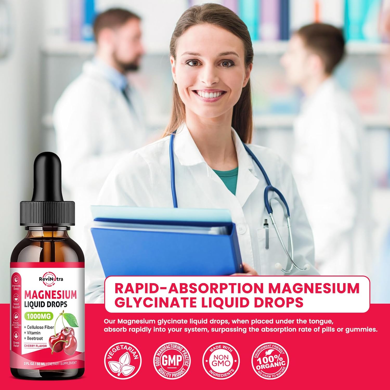 1000mg Magnesium Glycinate Liquid Drops with Fiber, Beetroot, Vitamin B & C - Sleep, Calm, Muscle, Energy, Relaxation - 2 Fl Oz Sugar-Free Cherry Flavor
