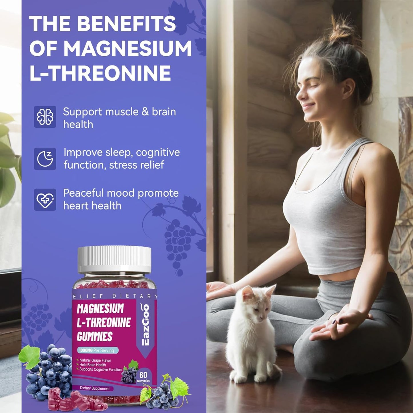 1000mg Magnesium Threonine Gummies for Adults - Brain Support, Non-GMO, Vegan - 60 Grape Gummies