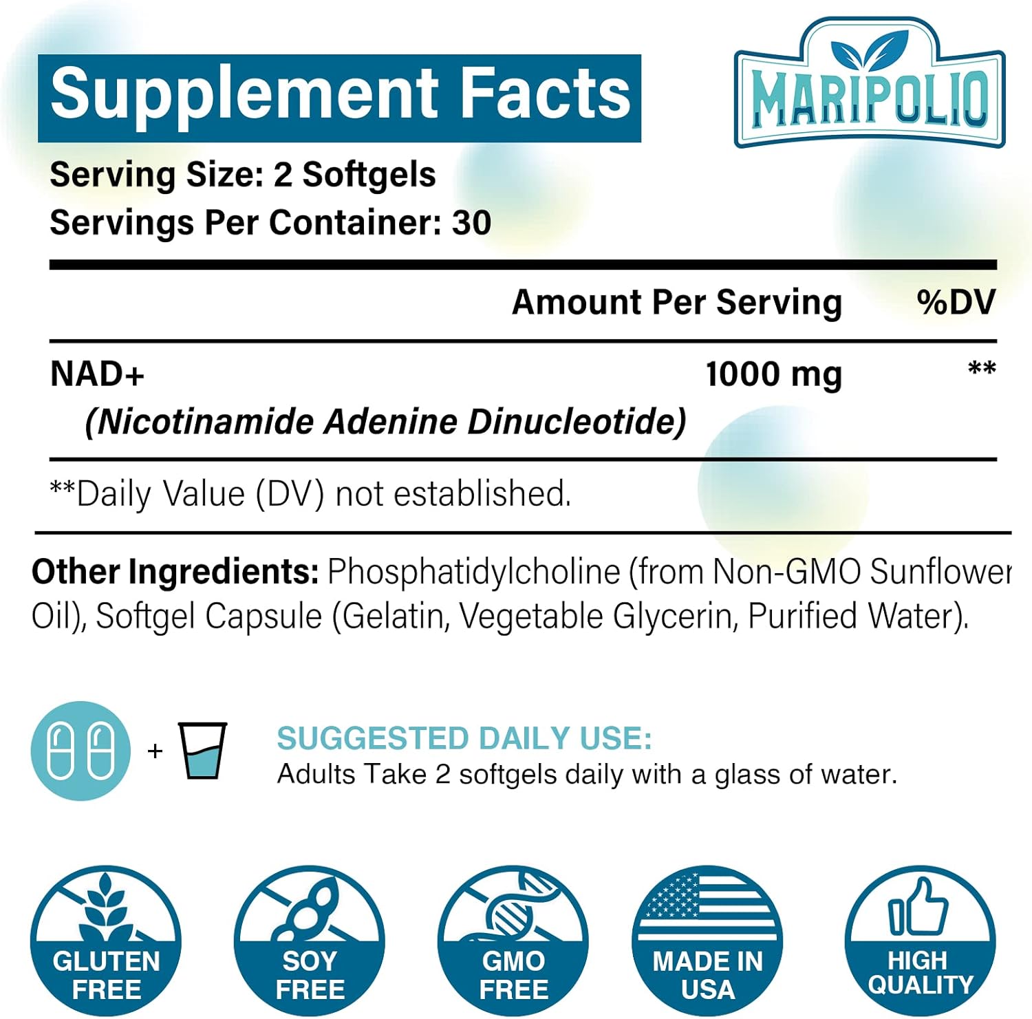 1000mg Maripolio Liposomal NAD+ Supplement with High Potency for Max Absorption - 600 Softgels for Energy, DNA Repair, and Aging Defense
