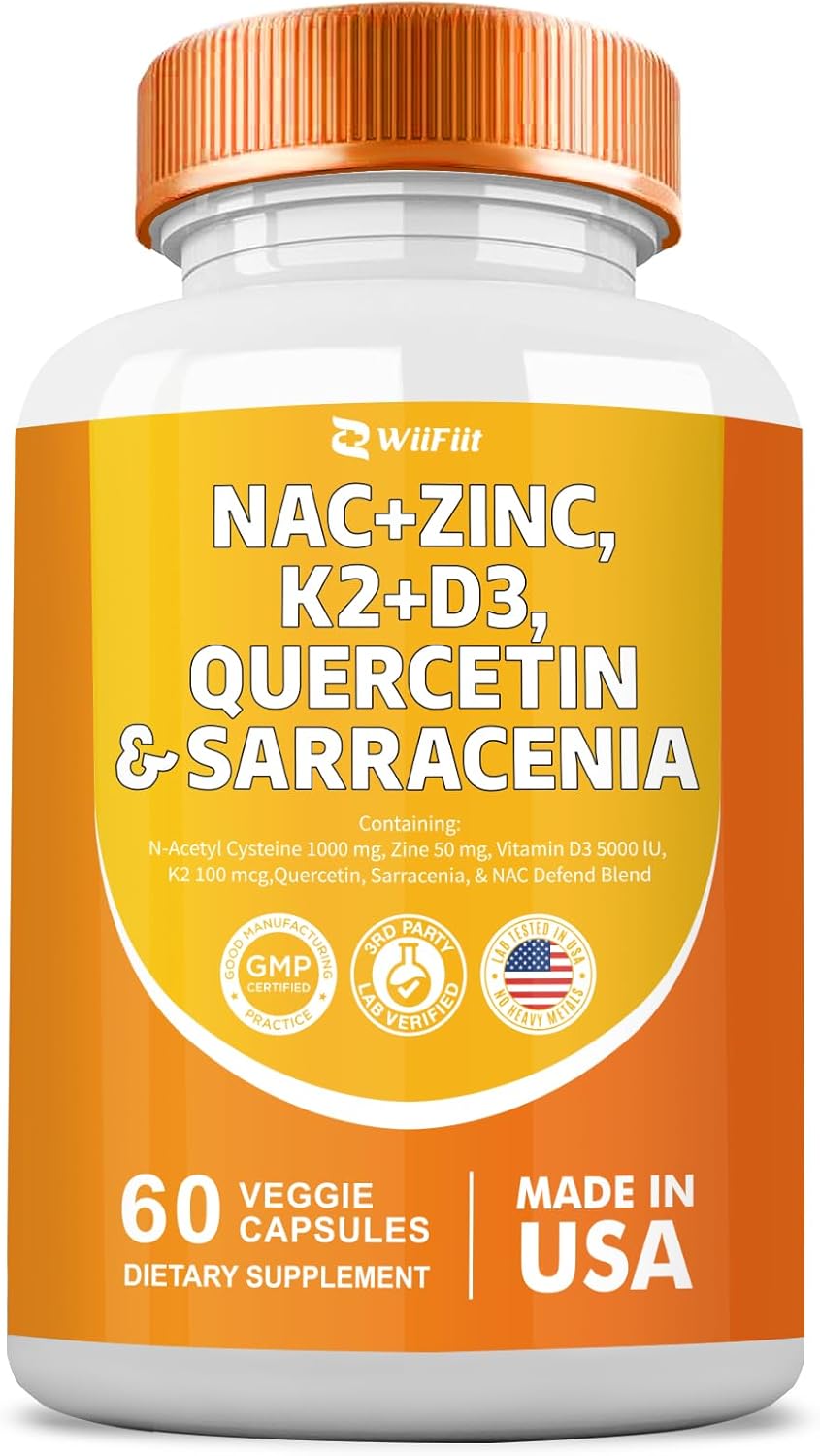 1000mg NAC Supplement with Zinc, K2, Vitamin D3, Quercetin, Sarracenia Purpurea, L-Lysine - 60 Count