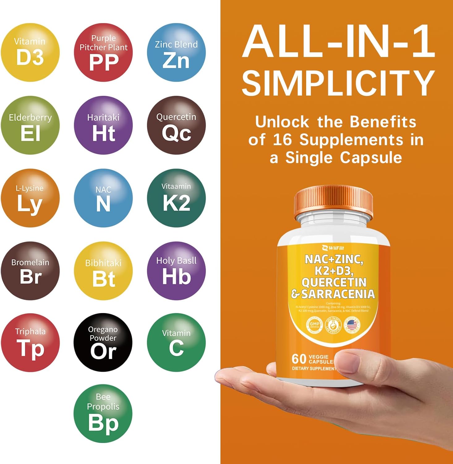 1000mg NAC Supplement with Zinc, K2, Vitamin D3, Quercetin, Sarracenia Purpurea, L-Lysine - 60 Count