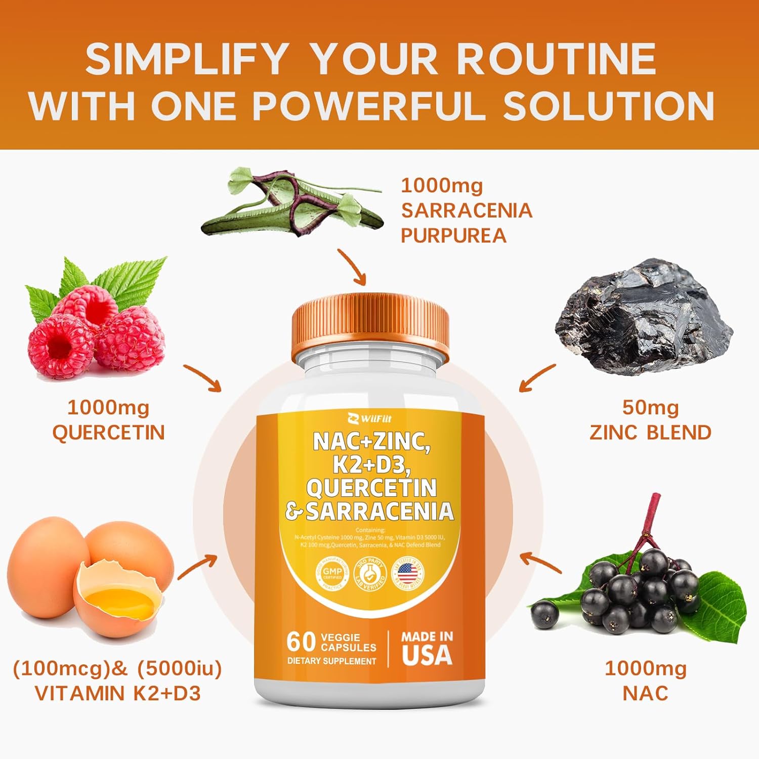 1000mg NAC Supplement with Zinc, K2, Vitamin D3, Quercetin, Sarracenia Purpurea, L-Lysine - 60 Count