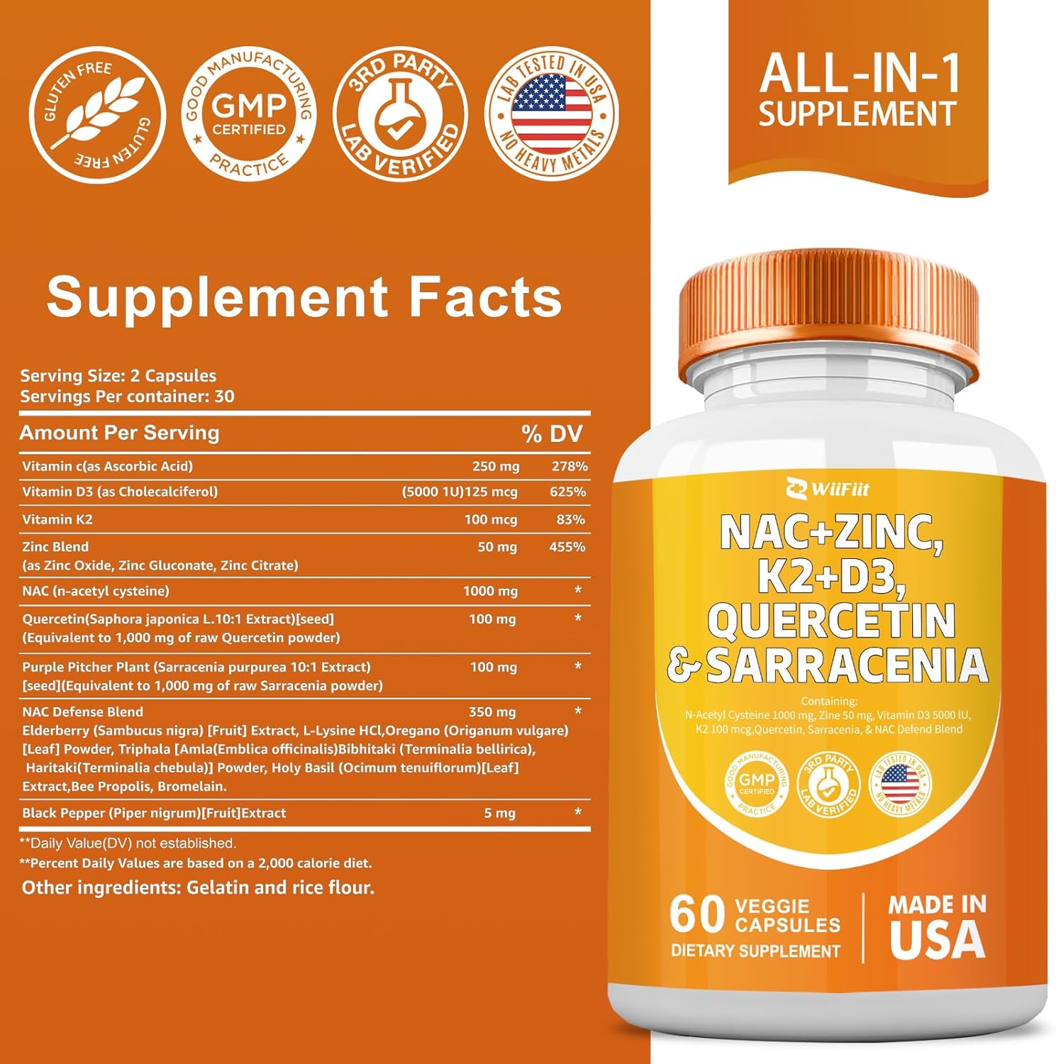 1000mg NAC Supplement with Zinc, K2, Vitamin D3, Quercetin, Sarracenia Purpurea, L-Lysine - 60 Count