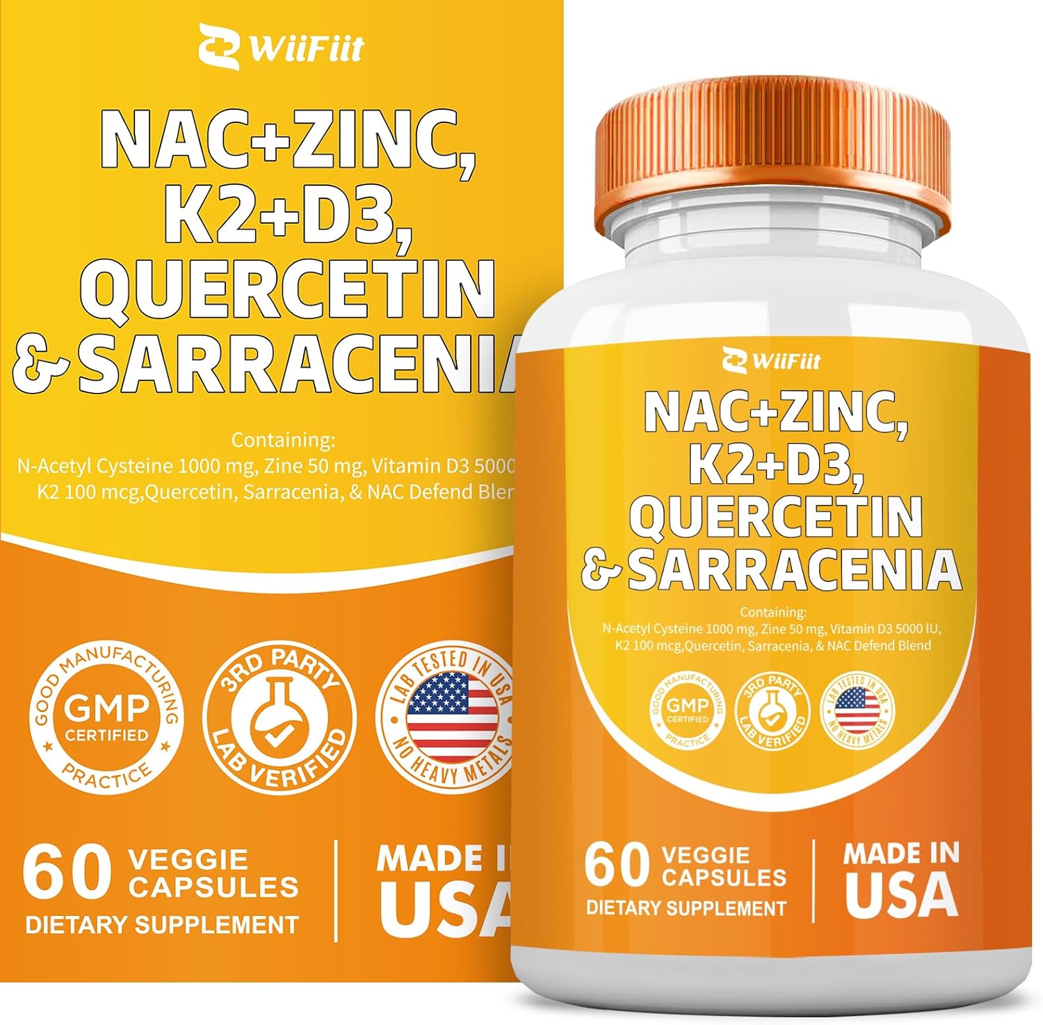 1000mg NAC Supplement with Zinc, K2, Vitamin D3, Quercetin, Sarracenia Purpurea, L-Lysine - 60 Count