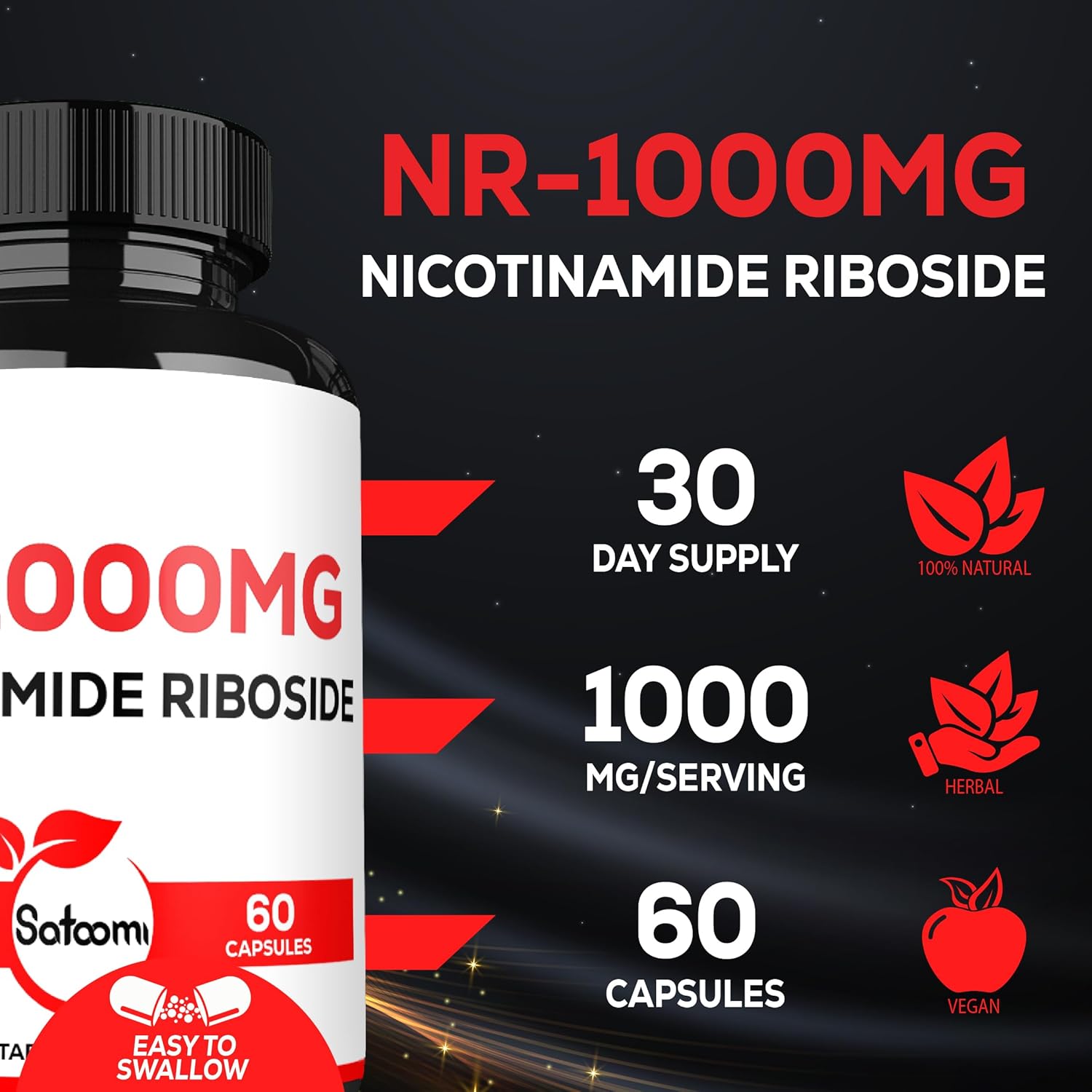 1000mg NAD Supplement with Nicotinamide Riboside NR - Supports Cellular Health, Aging, and Overall Wellness - 60 Capsules, 30 Day Supply