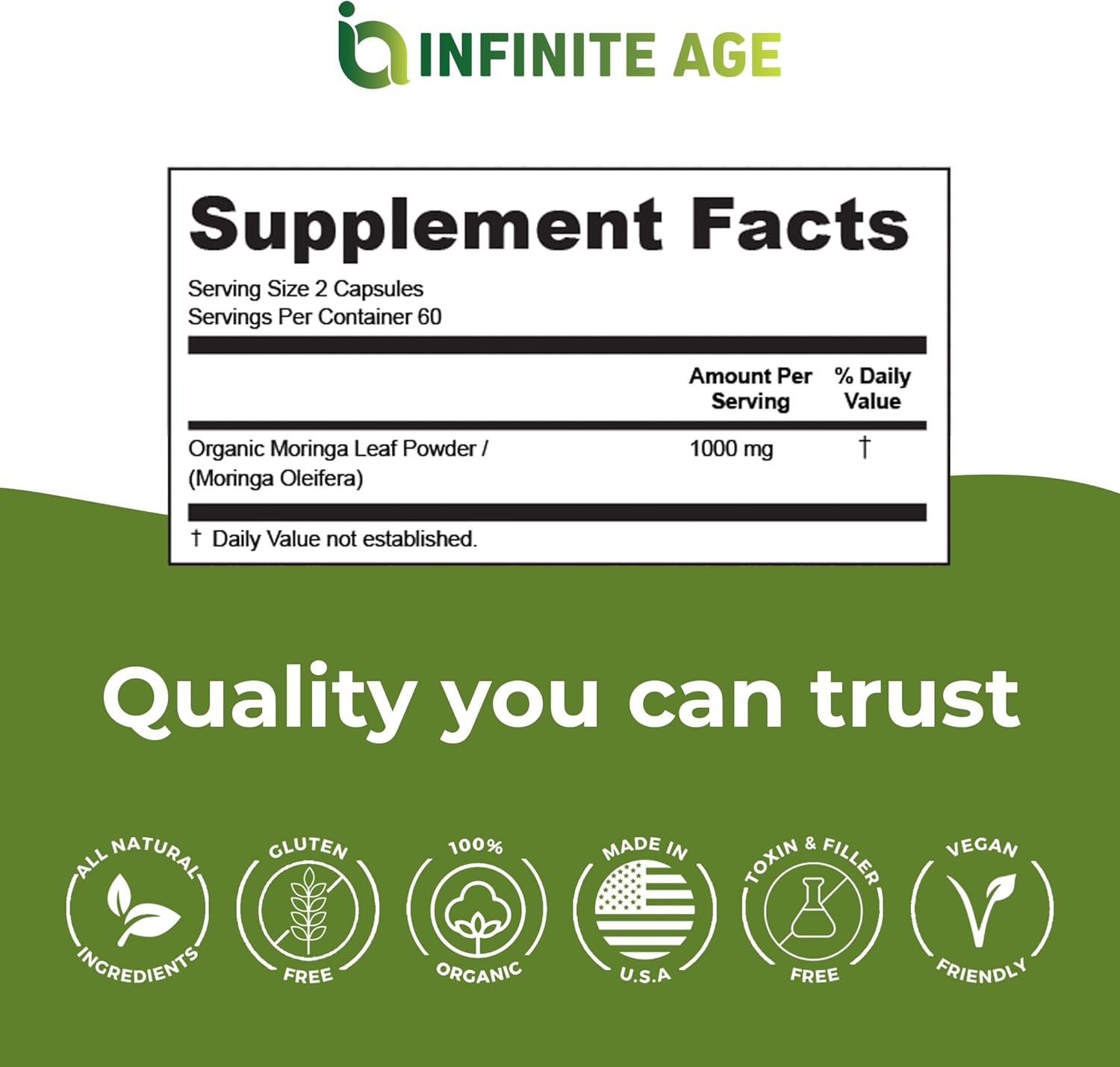 1000mg Organic Moringa Leaf Powder Capsules - 60 Count - Made in USA - Vegan, Gluten Free - Antioxidants, Liver & Kidney Support - All-Natural Supplement