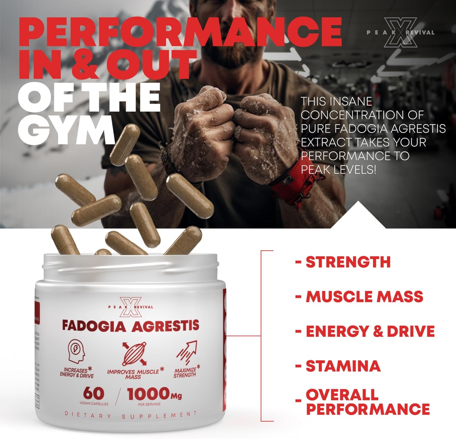 1000mg Peak Revival-X Fadogia Agrestis Supplement for Energy, Performance & Muscle Mass - USA Made (60 Capsules)