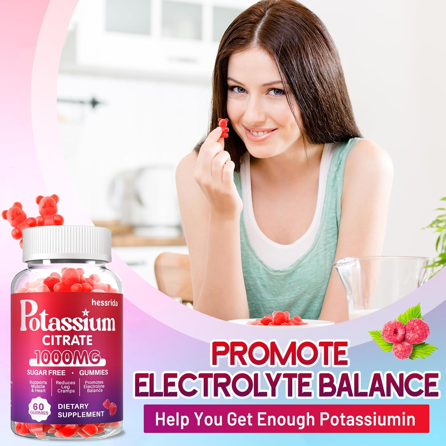 1000mg Potassium Citrate Gummy Supplement for Adults - Supports Heart & Muscle Health, Electrolyte Balance, Reduces Leg Cramps - Raspberry Flavor - 60 Count