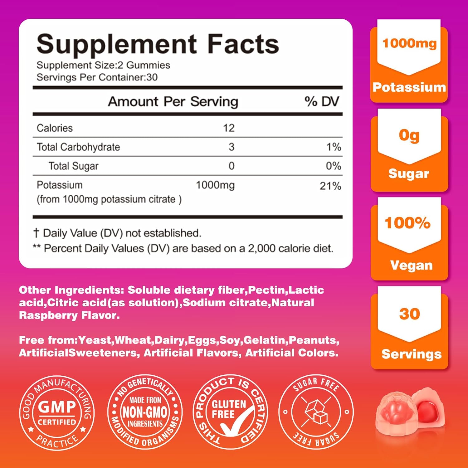 1000mg Potassium Gummies for Leg Cramps & Heart Health - FoliageGrown Supplement (60ct)