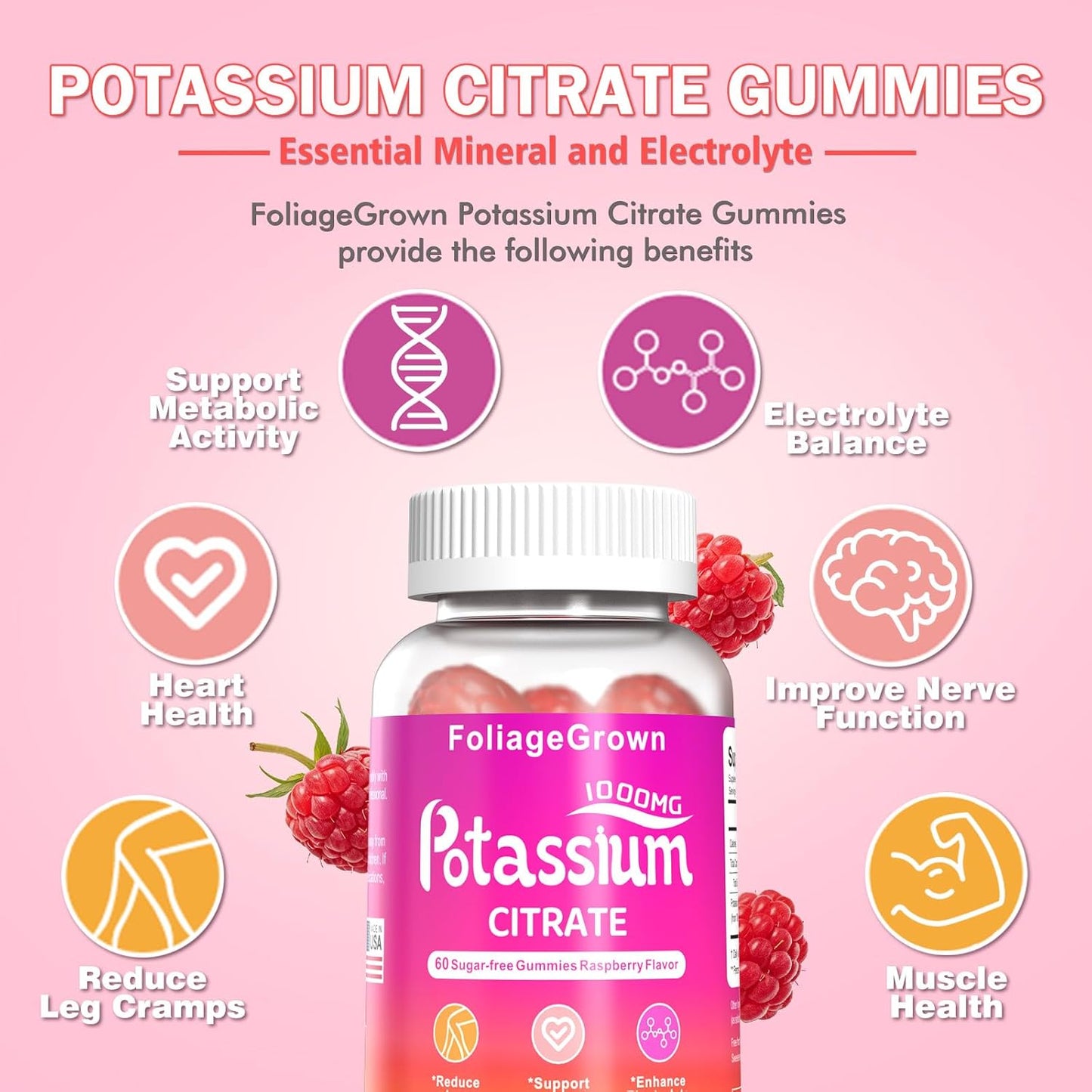 1000mg Potassium Gummies for Leg Cramps & Heart Health - FoliageGrown Supplement (60ct)