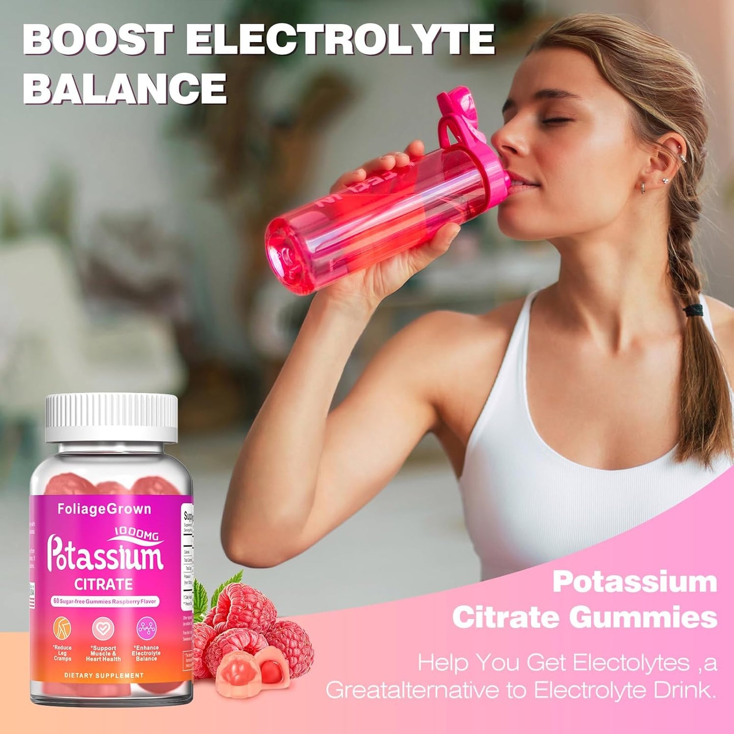 1000mg Potassium Gummies for Leg Cramps & Heart Health - FoliageGrown Supplement (60ct)