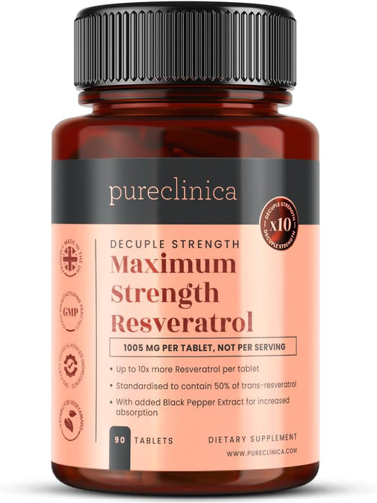 1000mg Resveratrol Tablets - 90 Count (3 Month Supply) with Black Pepper Extract for Enhanced Absorption - 10x Strength from pureclinica