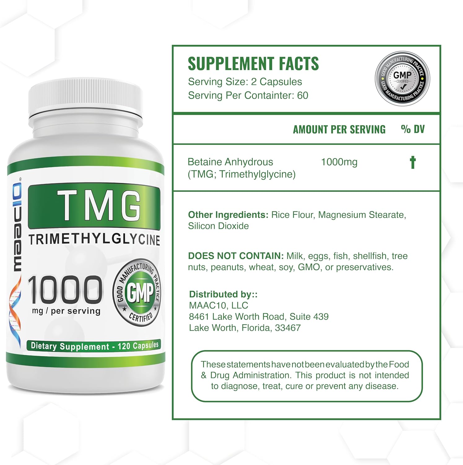 1000mg TMG Capsules for Methylation, Homocysteine & Liver Support | MAAC10 Betaine Anhydrous | 120 Count
