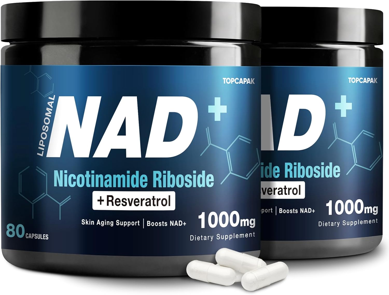 1000mg TOPCAPAK NAD+ Supplement with NR and Resveratrol for Healthy Aging and Cellular Energy - 80 Capsules for Men and Women