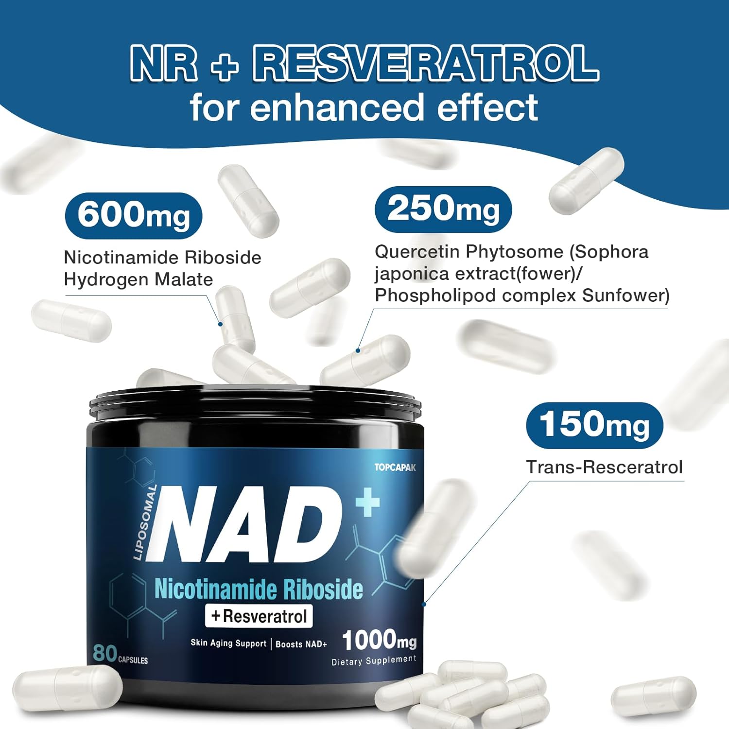 1000mg TOPCAPAK NAD+ Supplement with NR and Resveratrol for Healthy Aging and Cellular Energy - 80 Capsules for Men and Women