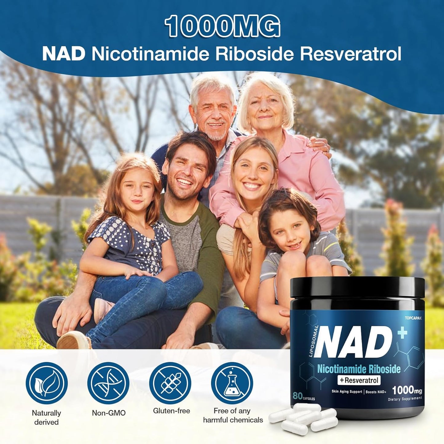 1000mg TOPCAPAK NAD+ Supplement with NR and Resveratrol for Healthy Aging and Cellular Energy - 80 Capsules for Men and Women