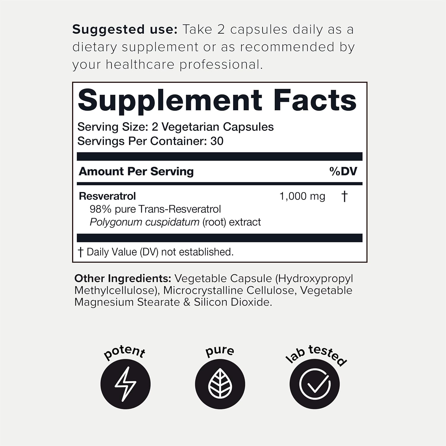 1000mg Trans Resveratrol Capsules - 98% Pure Polygonum Root Extract - Third-Party Tested for Potency - 60 Capsules