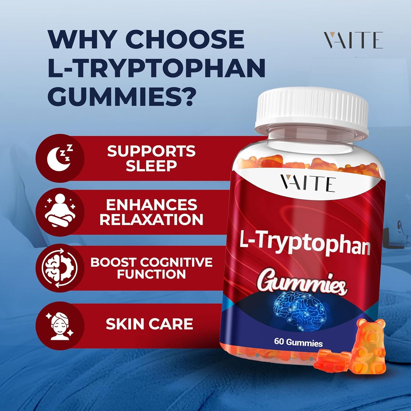 1000mg Vegan L Tryptophan Gummies for Positive Outlook & Calm Support - 60 Chewable Supplements for Peaceful Sleep & Mental Focus