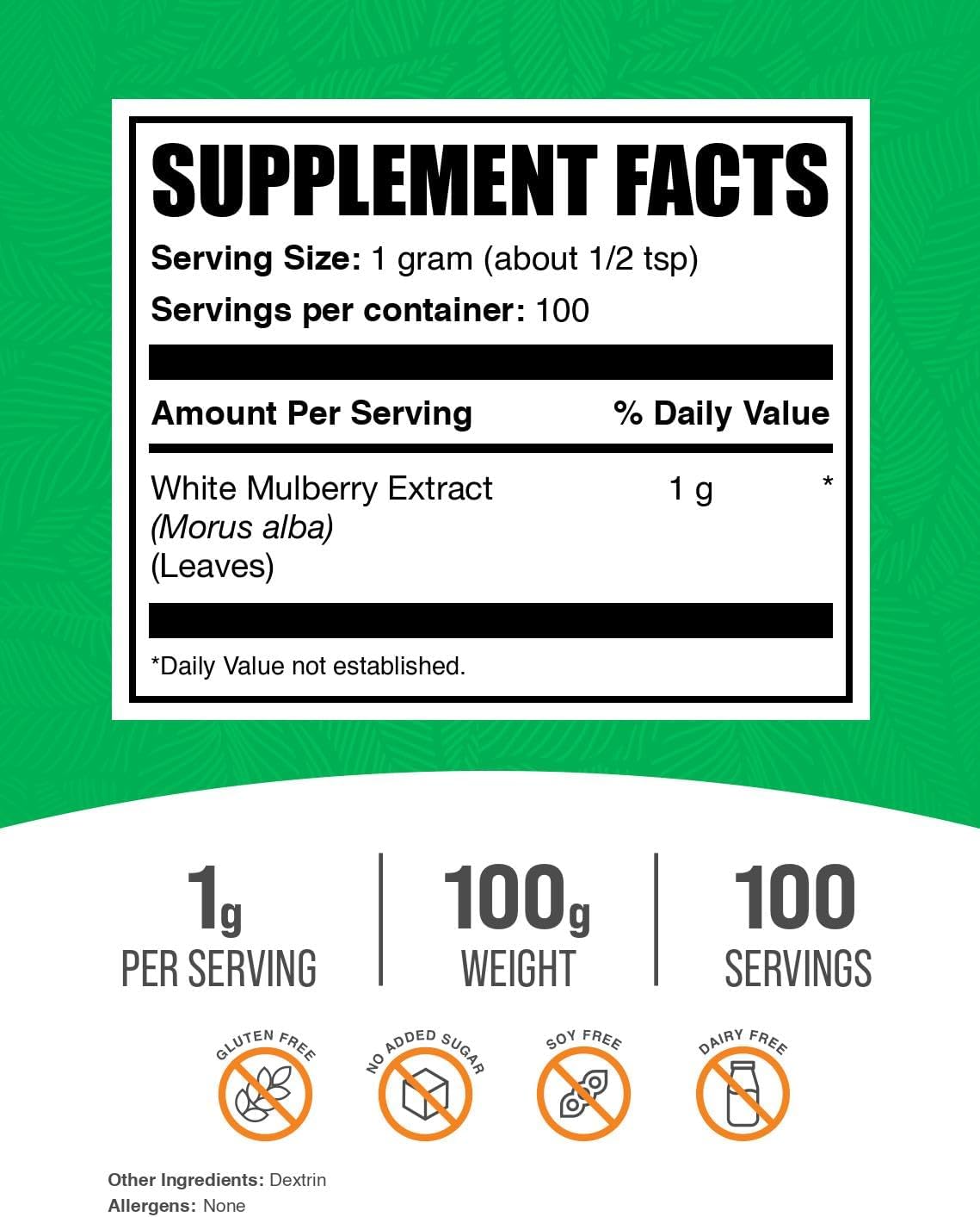1000mg White Mulberry Leaf Extract Herbal Supplement Gluten Free - 100g (3.5 oz) Pack of 1