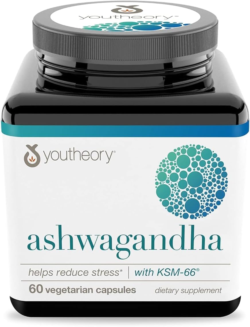 1,000mg Youtheory Ashwagandha Supplement - Stress & Cortisol Support - 60 Veg Caps - Gluten, Dairy, Soy Free