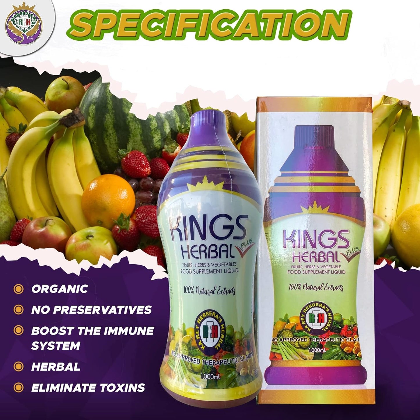 1000ml REH Kings Herbal Plus Juice: 80 Ingredient Immune Support Blend - Daily Multivitamin Supplement