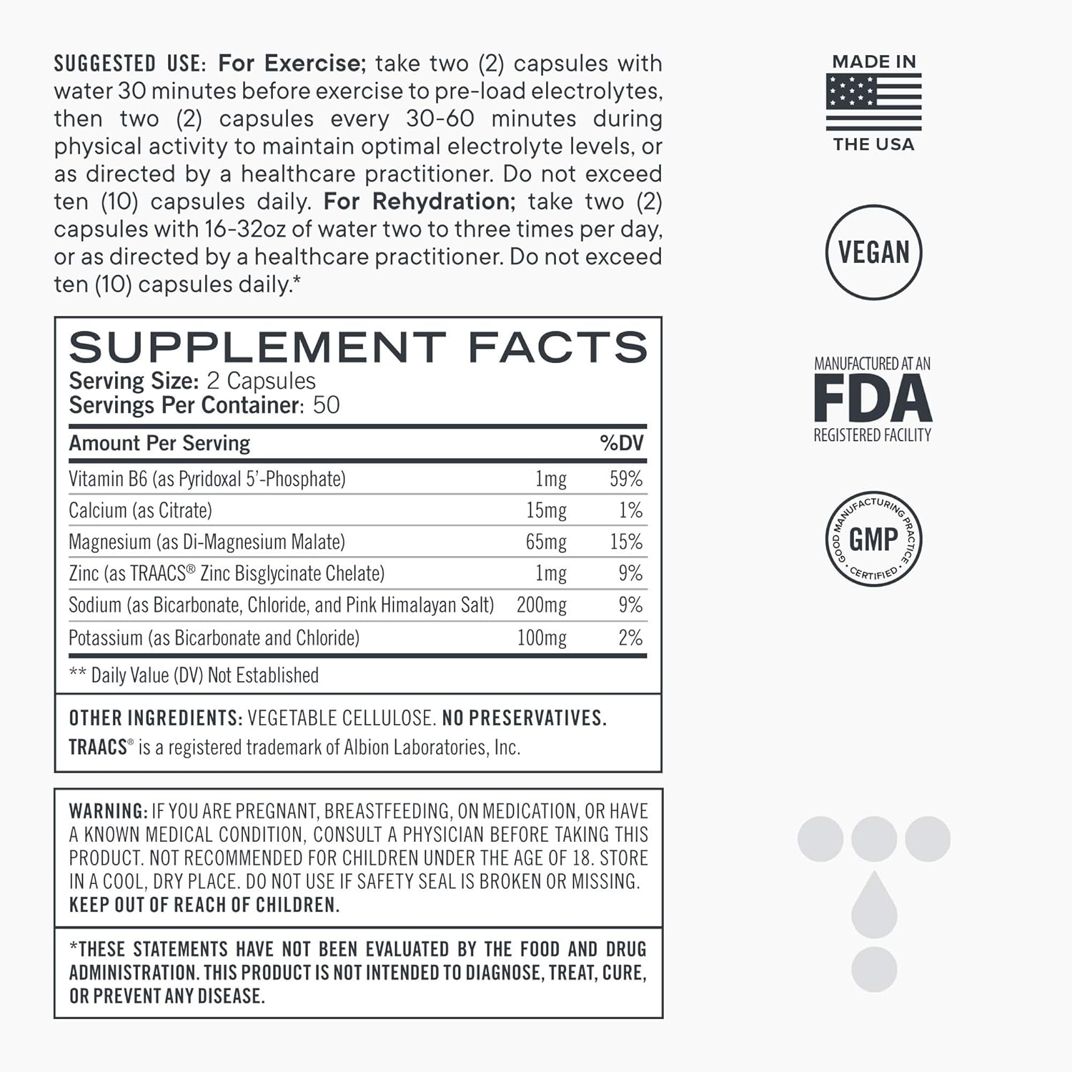 100ct Total Hydration Electrolyte Capsules with Magnesium, Zinc, Calcium, & Sodium - Low Carb Natural Rehydration Salts