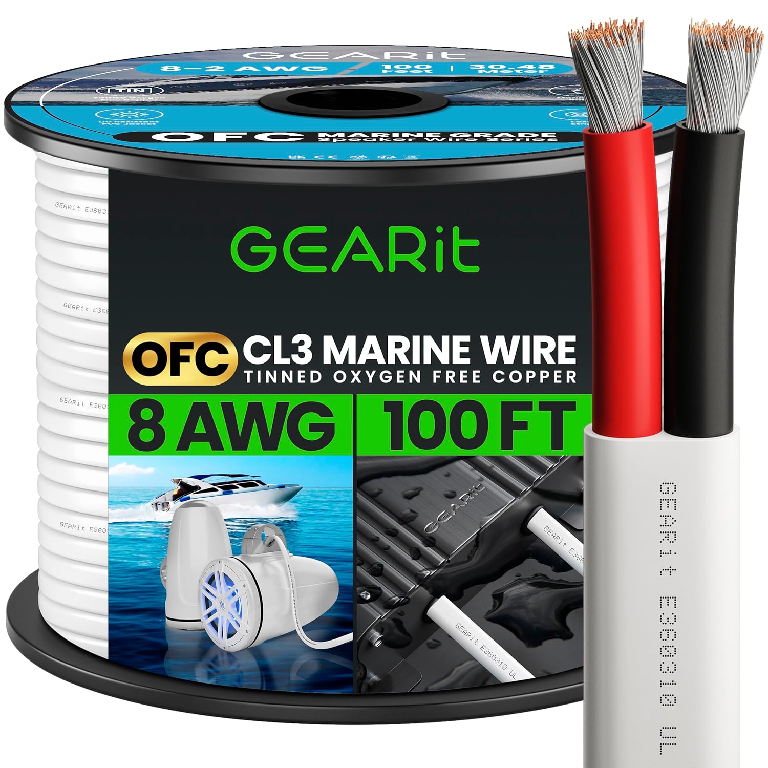 100ft GEARit 8 Gauge Marine Wire - White 8/2 AWG Duplex Cable, Tinned OFC Copper - Boat/Automotive/RV/Trailer/Solar - Outdoor Use