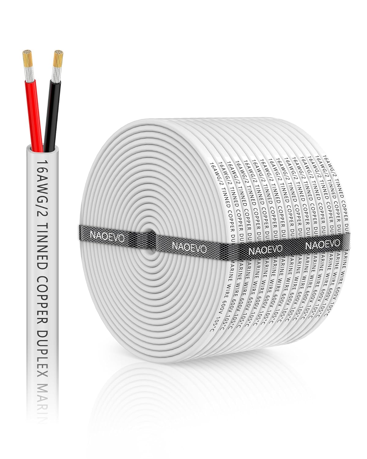 100FT NAOEVO 16 Gauge Marine Wire Duplex - Waterproof/Corrosion Resistant/Tinned Copper Cable for Boat, Automotive, RV, Solar - 16 AWG Stranded PVC Electrical Wire