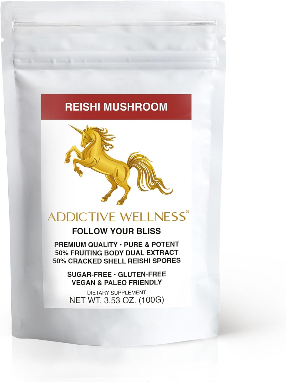 100g Addictive Wellness Reishi Mushroom Extract Powder + Spores - Pure & Potent Wildcrafted Ganoderma - Wood Grown - 50/50 Blend