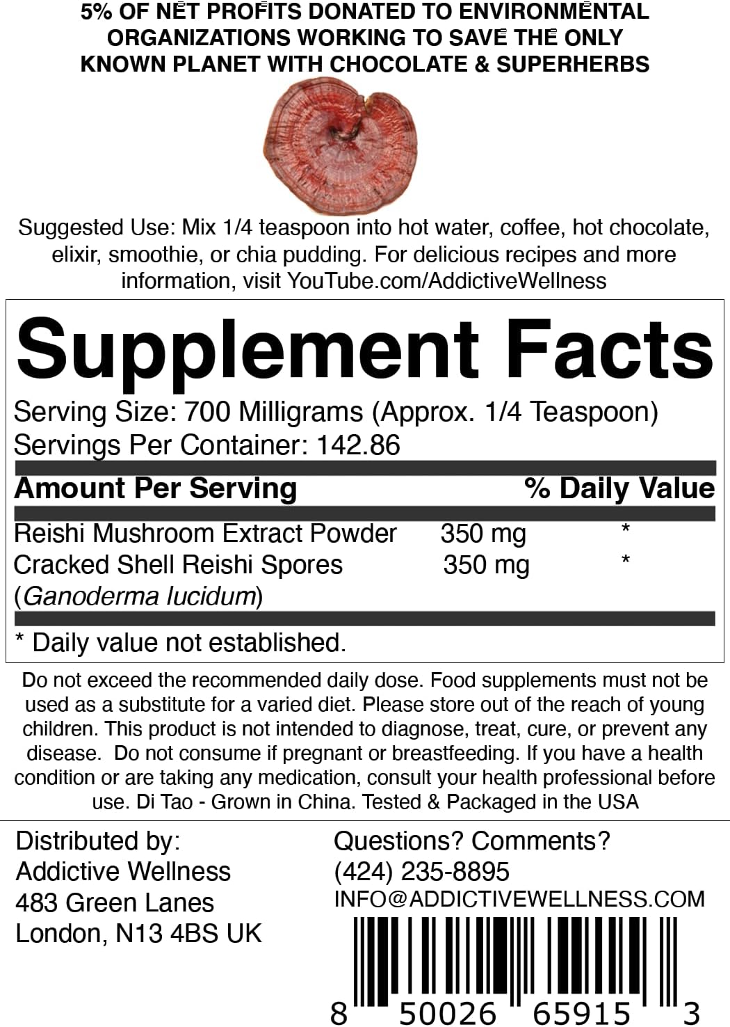 100g Addictive Wellness Reishi Mushroom Extract Powder + Spores - Pure & Potent Wildcrafted Ganoderma - Wood Grown - 50/50 Blend
