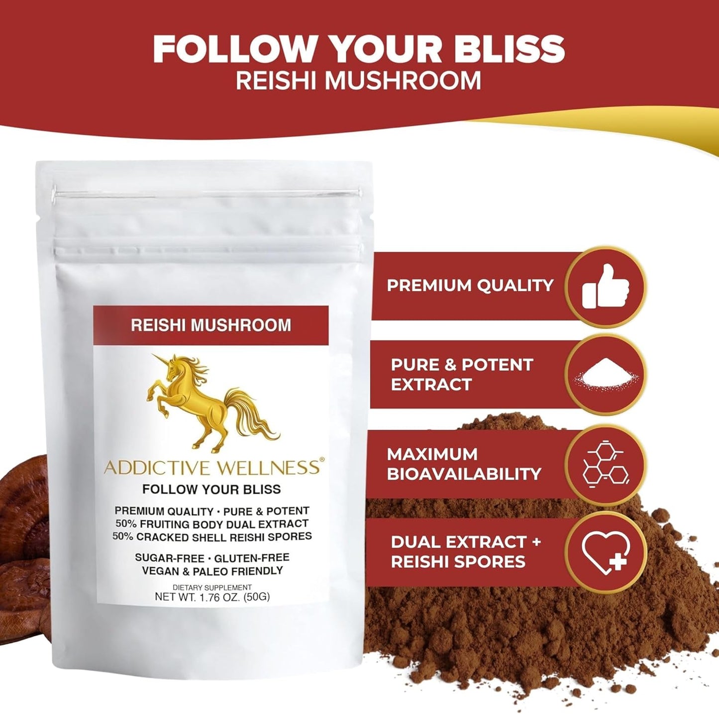 100g Addictive Wellness Reishi Mushroom Extract Powder + Spores - Pure & Potent Wildcrafted Ganoderma - Wood Grown - 50/50 Blend