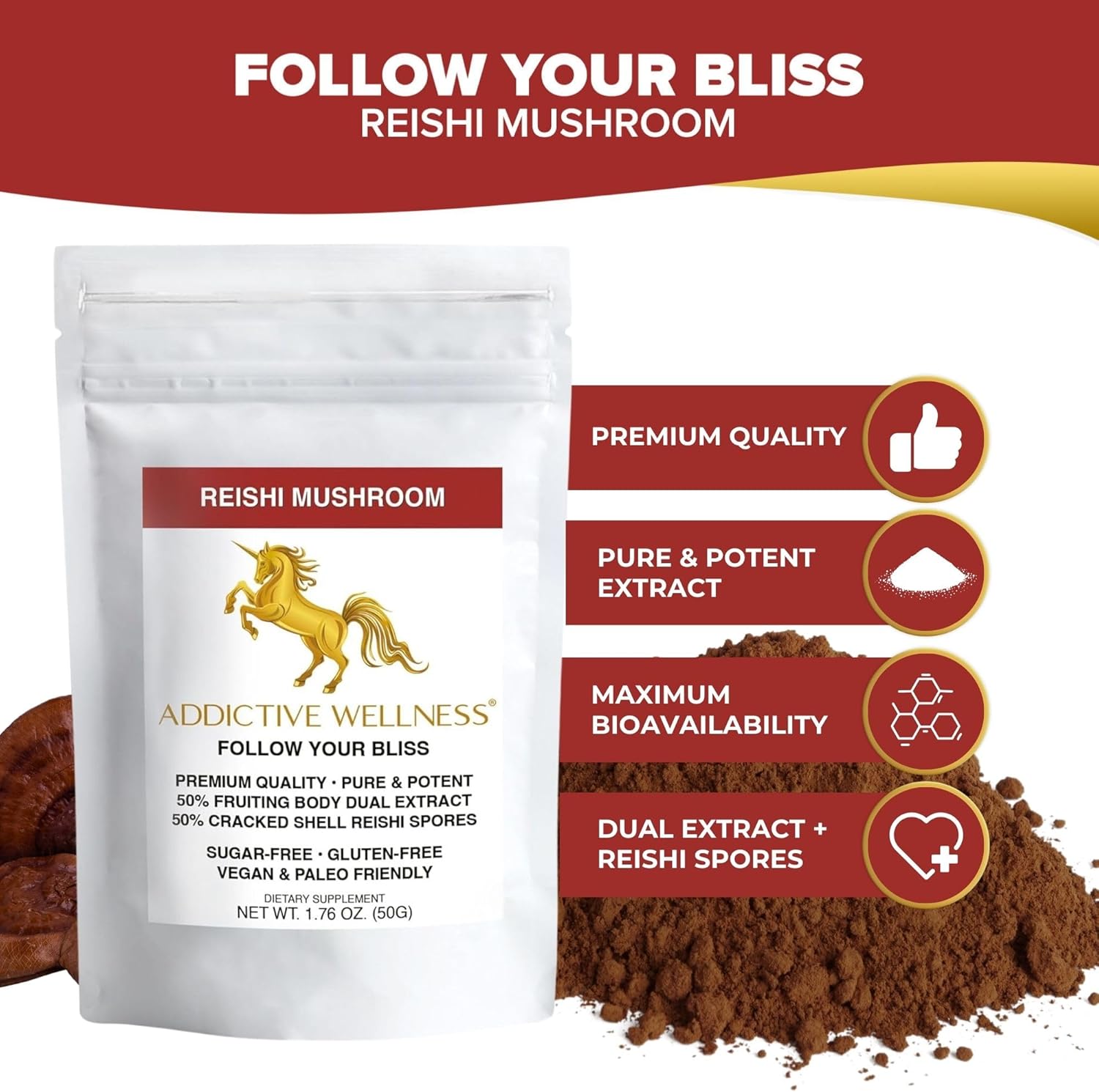 100g Addictive Wellness Reishi Mushroom Extract Powder + Spores - Pure & Potent Wildcrafted Ganoderma - Wood Grown - 50/50 Blend