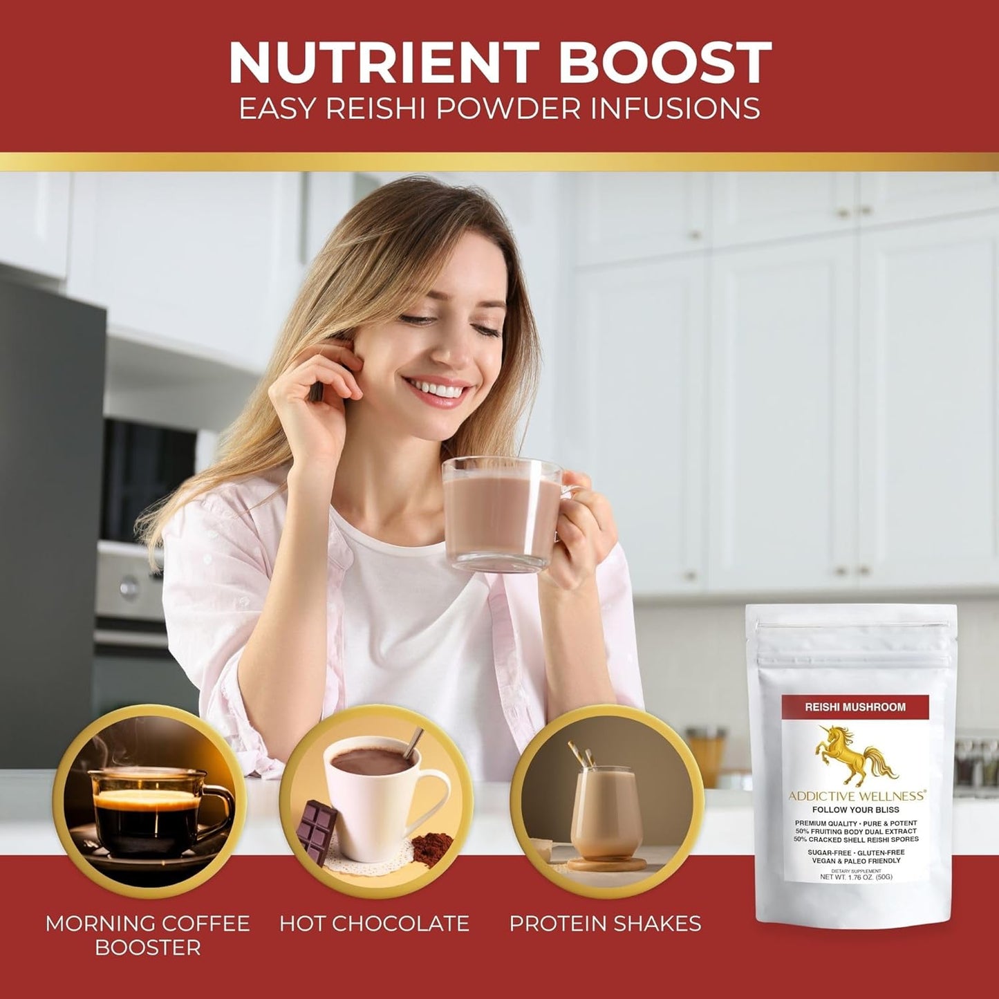 100g Addictive Wellness Reishi Mushroom Extract Powder + Spores - Pure & Potent Wildcrafted Ganoderma - Wood Grown - 50/50 Blend