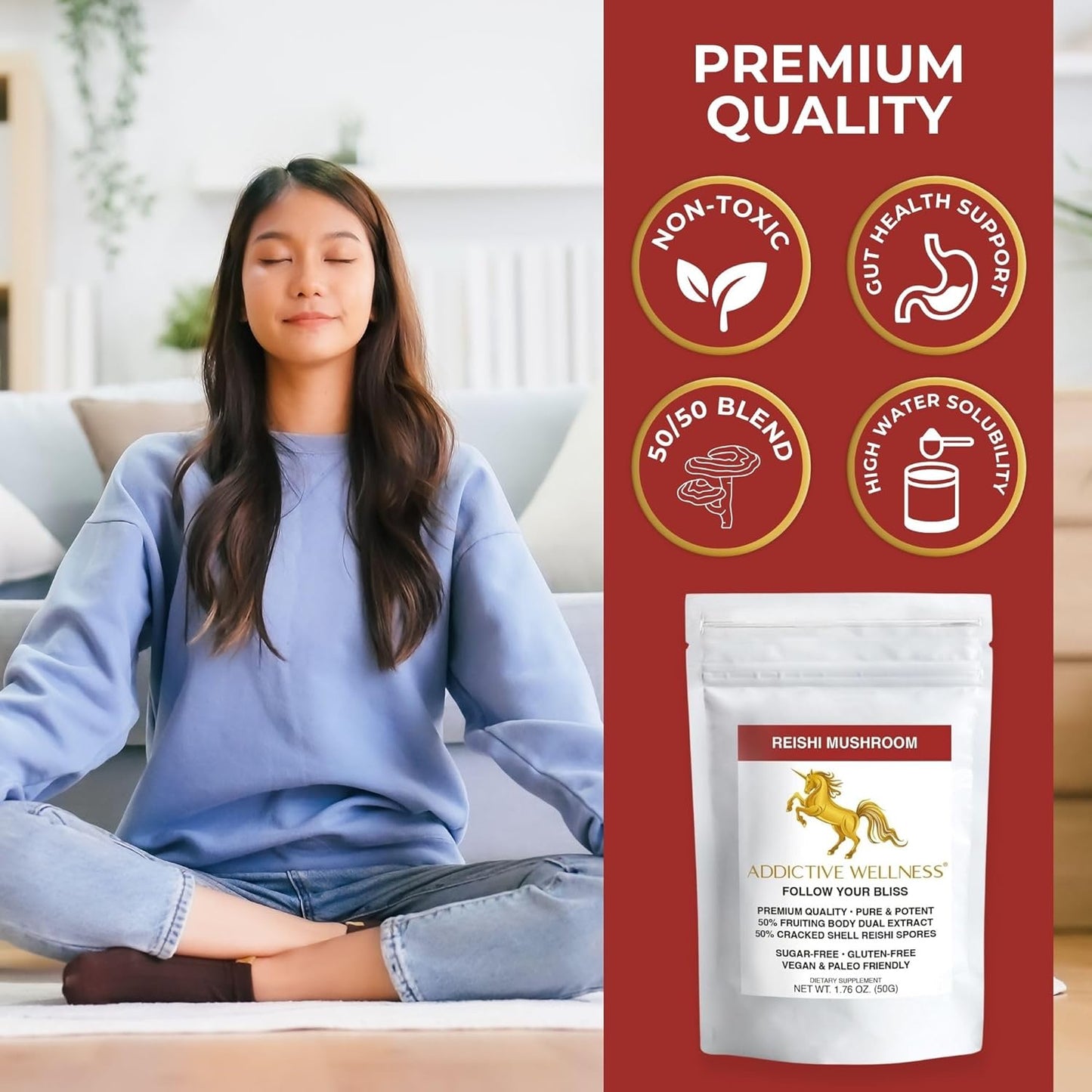 100g Addictive Wellness Reishi Mushroom Extract Powder + Spores - Pure & Potent Wildcrafted Ganoderma - Wood Grown - 50/50 Blend