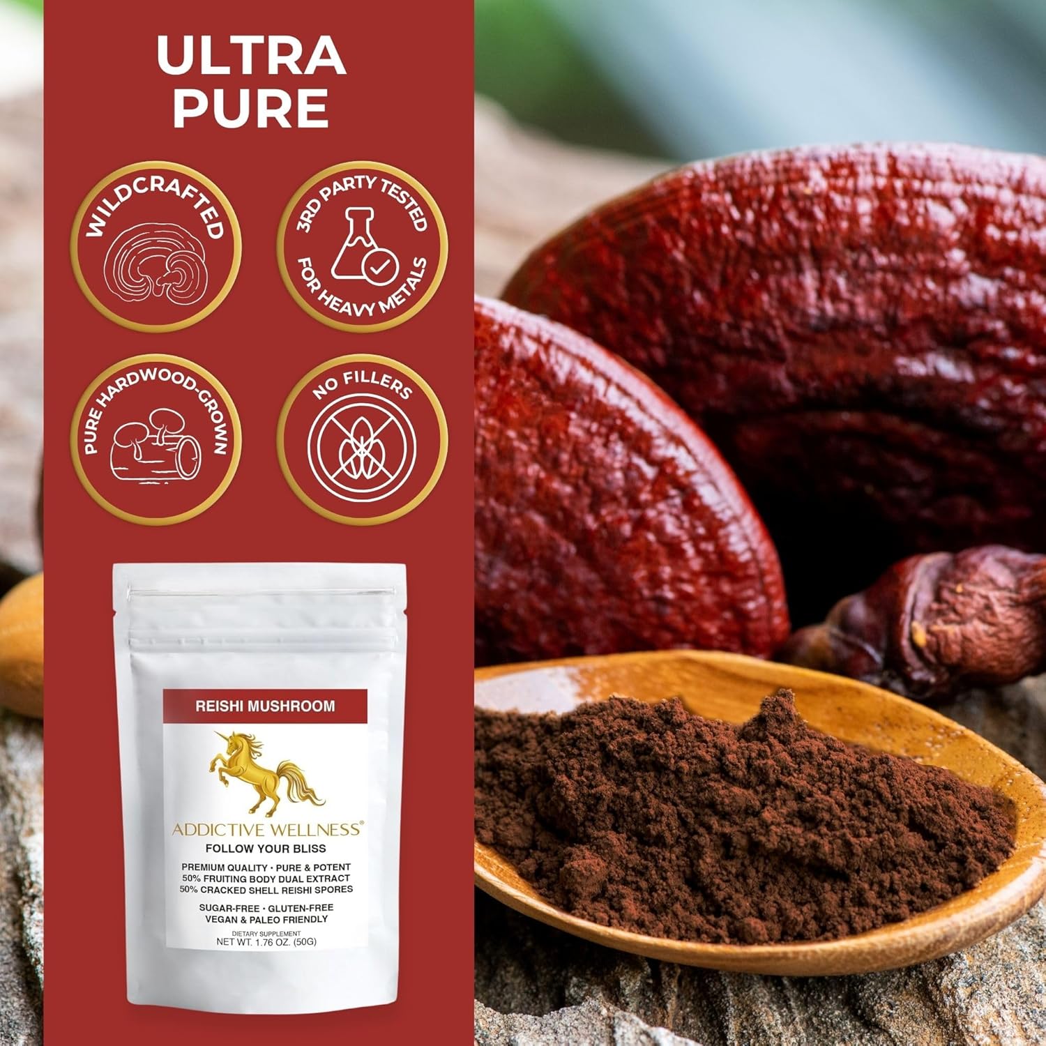 100g Addictive Wellness Reishi Mushroom Extract Powder + Spores - Pure & Potent Wildcrafted Ganoderma - Wood Grown - 50/50 Blend