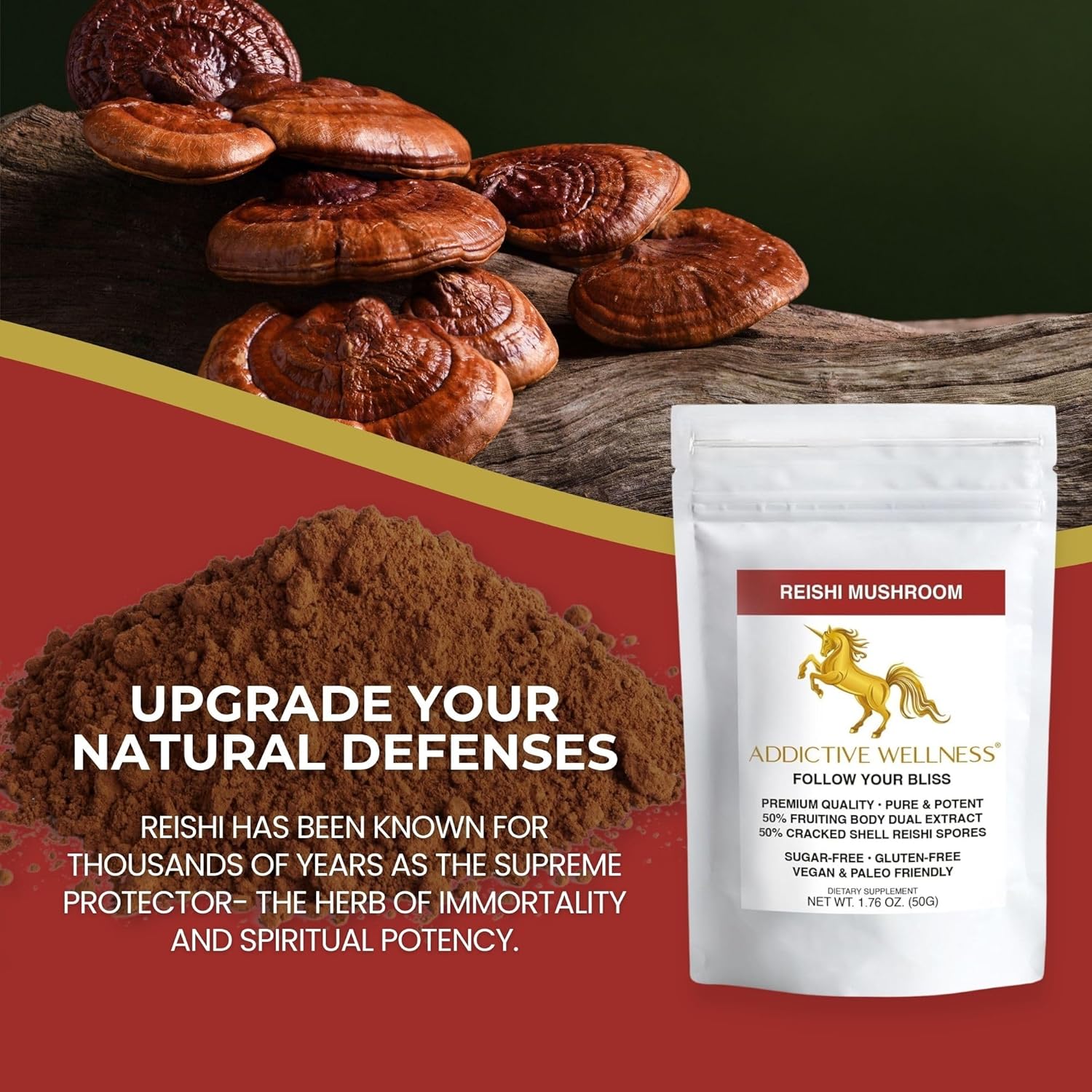 100g Addictive Wellness Reishi Mushroom Extract Powder + Spores - Pure & Potent Wildcrafted Ganoderma - Wood Grown - 50/50 Blend