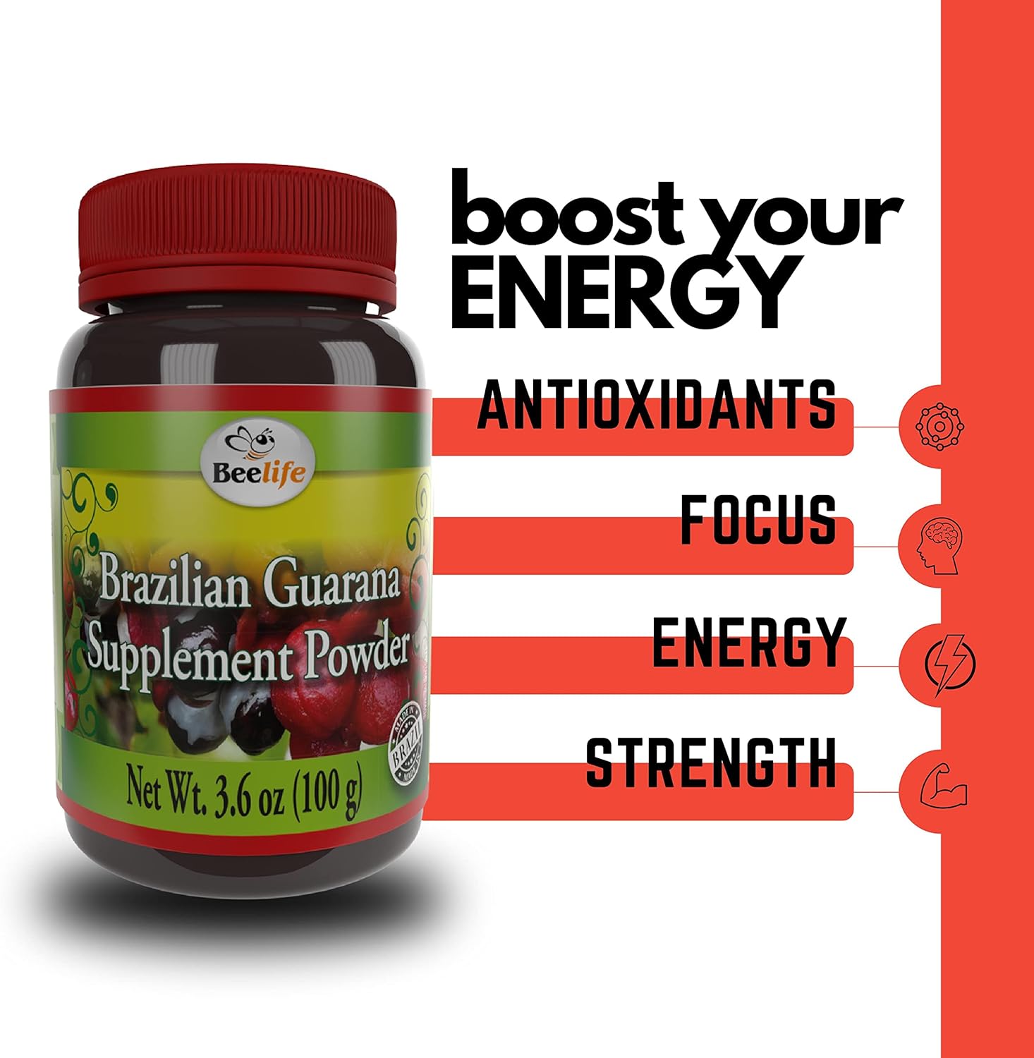 100g Beelife Brazilian Guarana Powder: Natural Caffeine Supplement for Energy, Focus, Muscle Strength - Gluten-Free Vegan Pre Workout