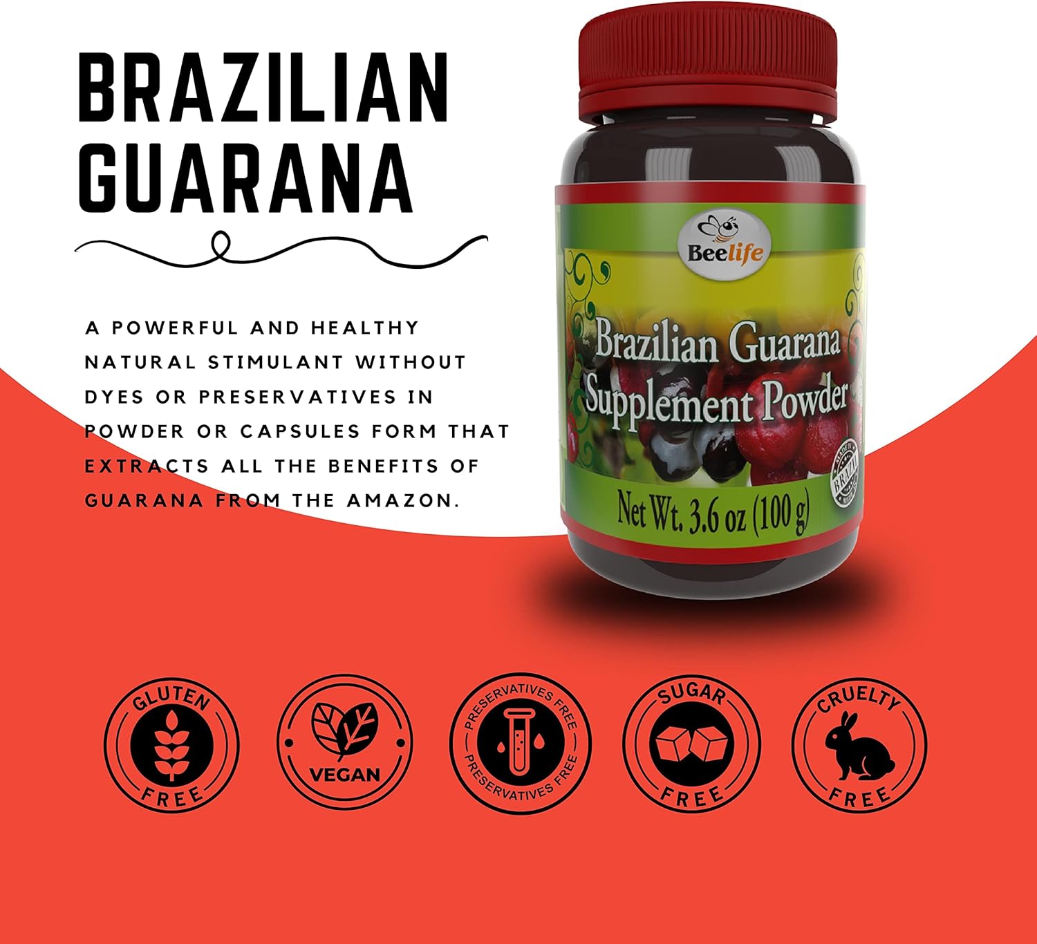 100g Beelife Brazilian Guarana Powder: Natural Caffeine Supplement for Energy, Focus, Muscle Strength - Gluten-Free Vegan Pre Workout