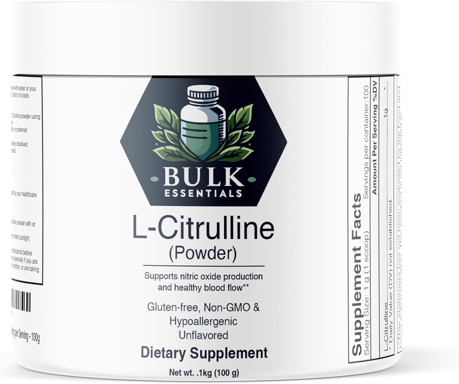 100g Bulk Essentials L-Citrulline Powder for Increased Nitric Oxide Production - Pure, Gluten Free Citrulline Supplement with 1000mg per Serving