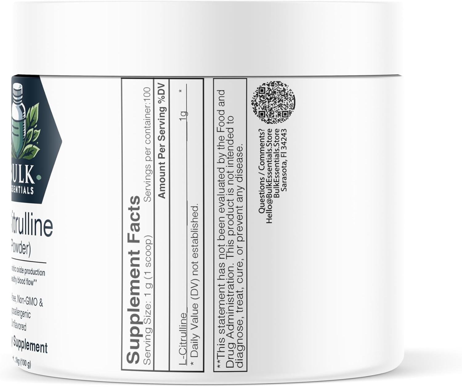 100g Bulk Essentials L-Citrulline Powder for Increased Nitric Oxide Production - Pure, Gluten Free Citrulline Supplement with 1000mg per Serving